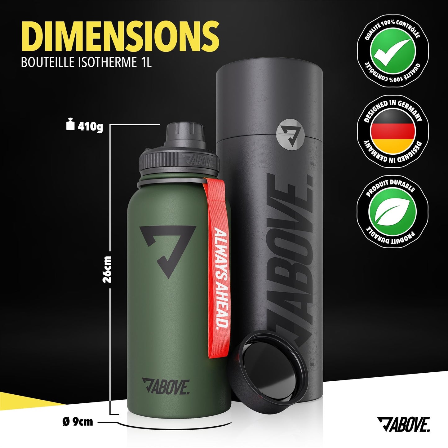 ABOVE. Gourde Isotherme Inox 1L – Sans BPA, Étanche & Robuste – 2 Bouchons Inclus – Garde le Froid 24H et le Chaud 12H – Bouteille en Acier Inoxydable pour Sport et Outdoor avec Coffret Cadeau (Olive)