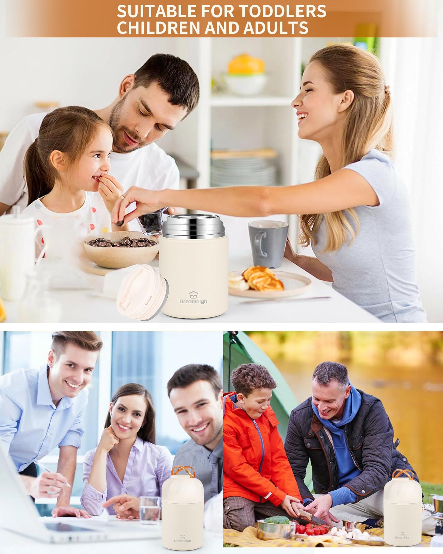 Dreamhigh® Thermos Alimentaire Chaud 850 ml, Acier Inoxydable Boite Repas Isotherme avec Poignée, boite alimentaire isotherme avec Cuillère, sans BPA, pour Ecole, Bureau, Camping (Blanc)