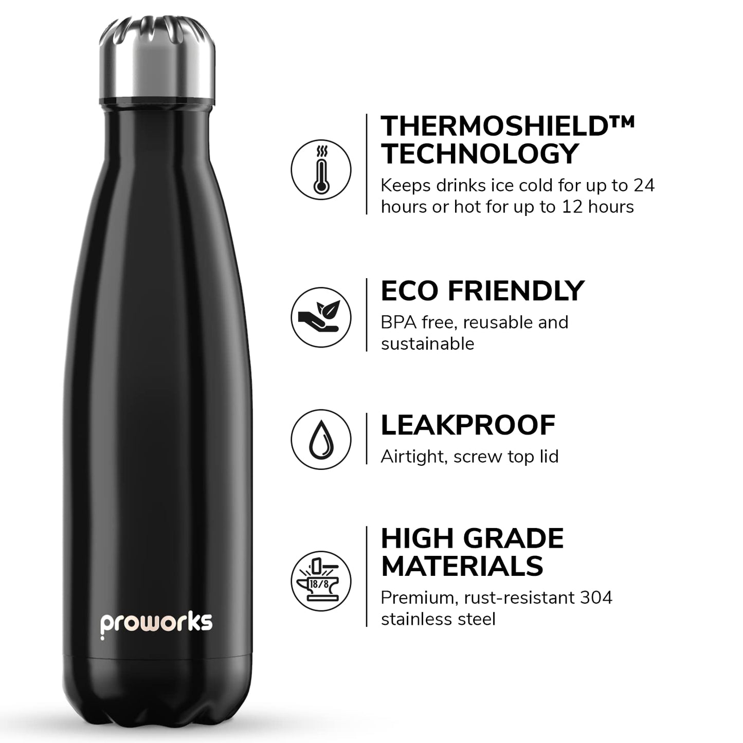 PROWORKS Bouteille d'eau Isotherme, sans BPA, Gourde INOX Reutilisable pour Maintien Chaud de 12 Heures & du Froid Jusqu’à 24 Heures, pour Sport, Gym, Voyage - 1 Litre - Noir