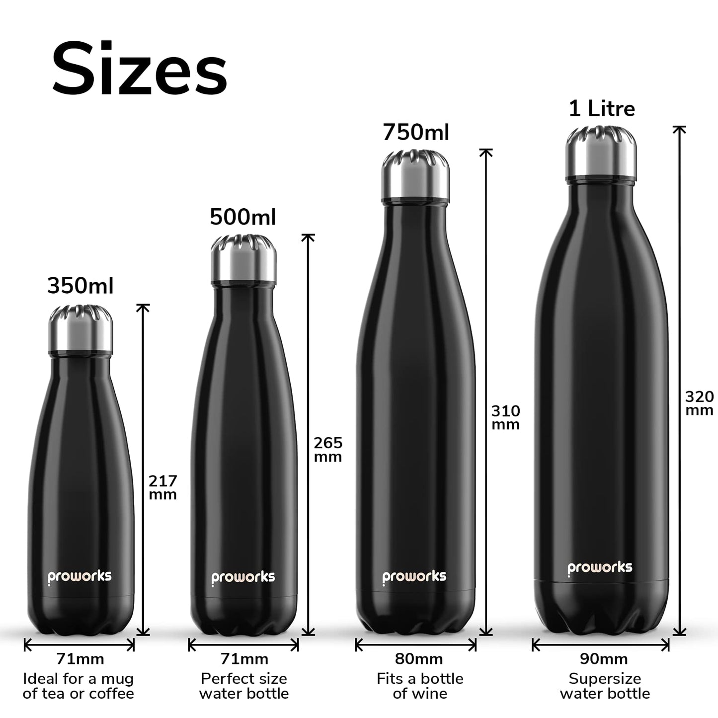 PROWORKS Bouteille d'eau Isotherme, sans BPA, Gourde INOX Reutilisable pour Maintien Chaud de 12 Heures & du Froid Jusqu’à 24 Heures, pour Sport, Gym, Voyage - 1 Litre - Noir