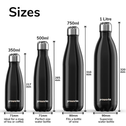 PROWORKS Bouteille d'eau Isotherme, sans BPA, Gourde INOX Reutilisable pour Maintien Chaud de 12 Heures & du Froid Jusqu’à 24 Heures, pour Sport, Gym, Voyage - 1 Litre - Noir