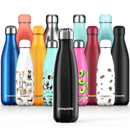 PROWORKS Bouteille d'eau Isotherme, sans BPA, Gourde INOX Reutilisable pour Maintien Chaud de 12 Heures & du Froid Jusqu’à 24 Heures, pour Sport, Gym, Voyage - 1 Litre - Noir